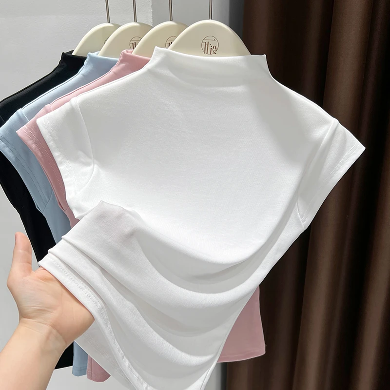 白色基础款半高领短袖软糯修身T恤打底衫女夏季高端螺纹设计上衣