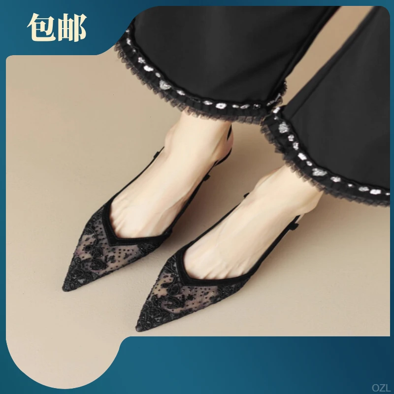 2025年优雅网纱花卉包头中空凉鞋夏女新款黑色尖头后空细跟高跟鞋