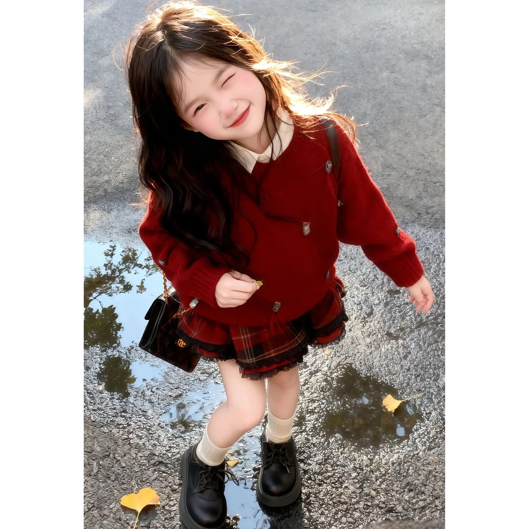 红色新年童装儿童圣诞衣服套装秋冬洋气女孩毛衣针织衫半裙两件套