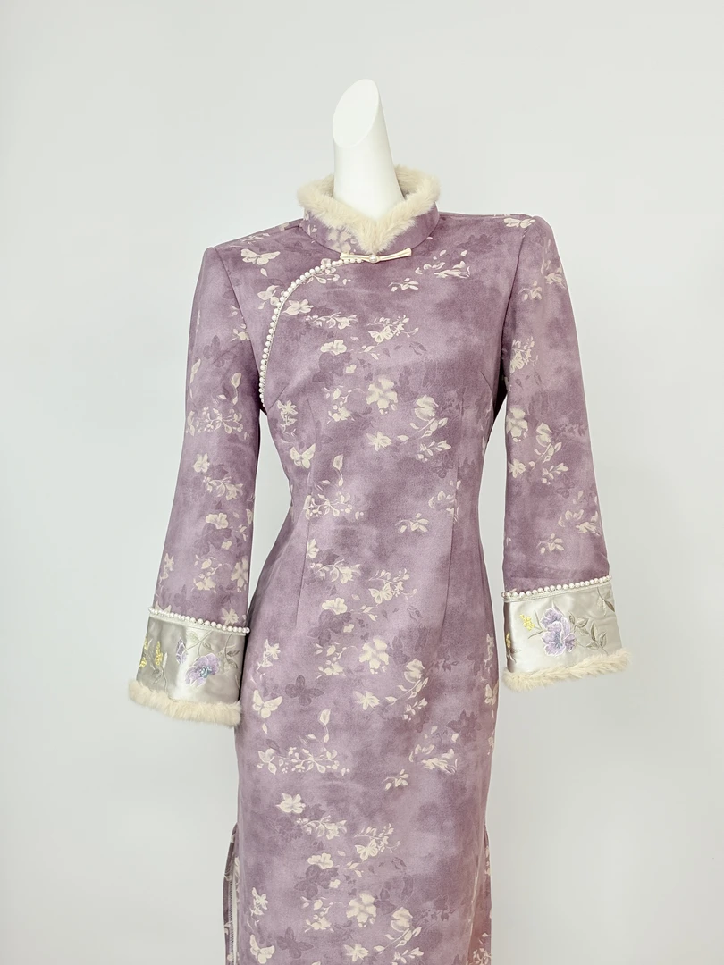 花间【暮檀】冬季新中式长袖时尚旗袍优雅日常厚款加绒修身气质款