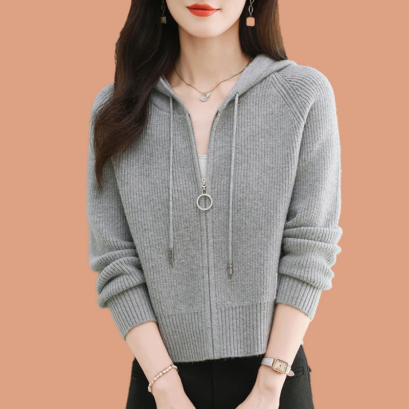 重磅爆款纯100羊毛衫女春秋针织开衫毛衣外套短款拉链连帽卫衣