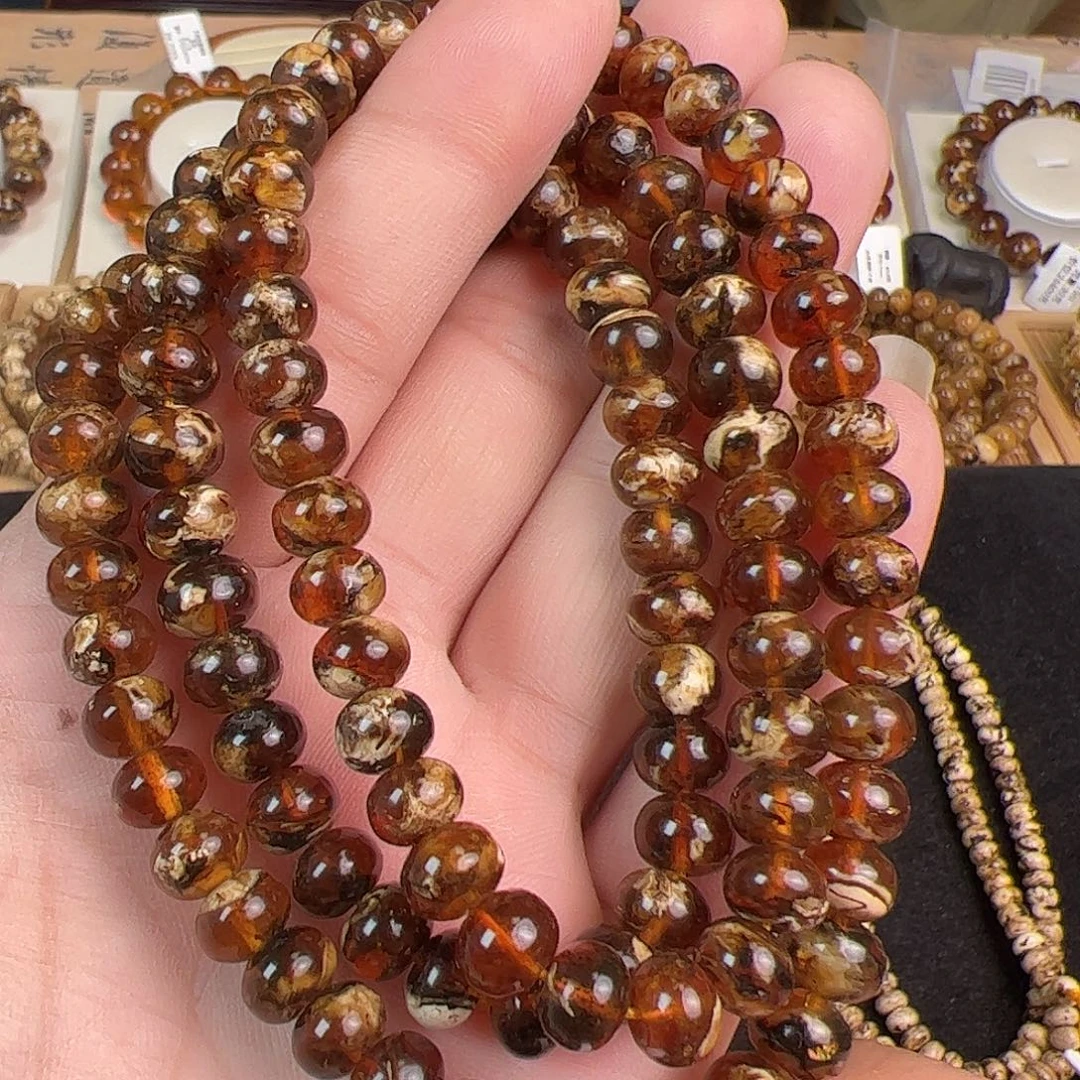 琥珀未镶嵌手链8m血底溶洞妖花
