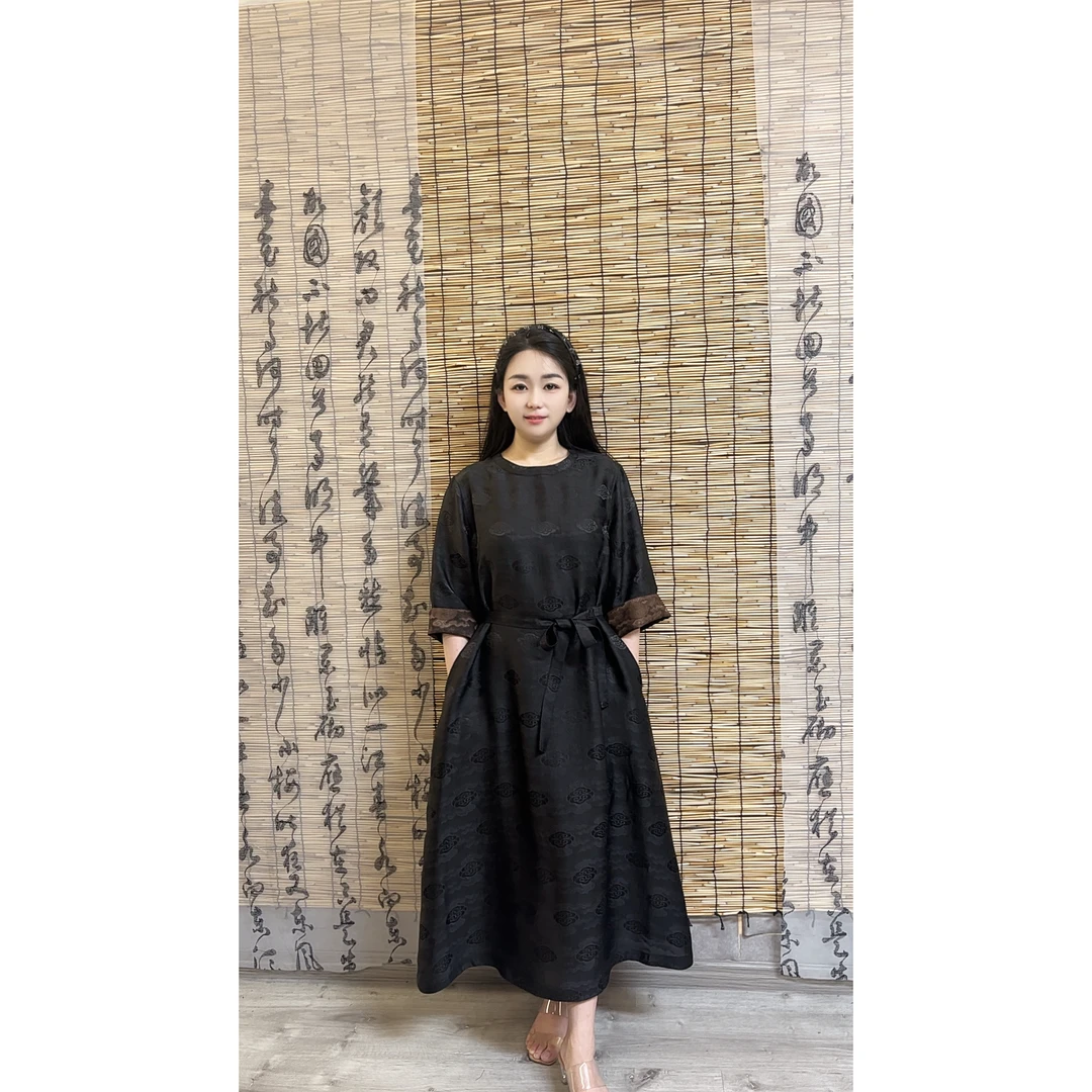 【祥云】40姆米四经绞罗老料黑色夏季圆领百搭长款宽松版连衣裙