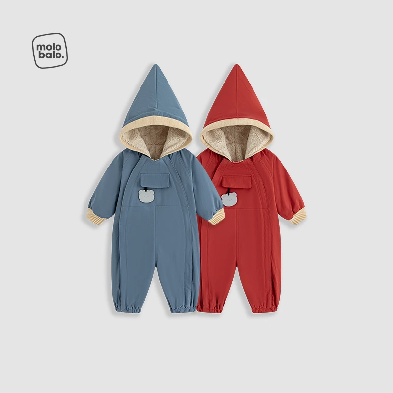 麦拉贝拉婴儿连体衣冬季连帽爬服防风保暖仿羊羔绒宝宝哈衣新款