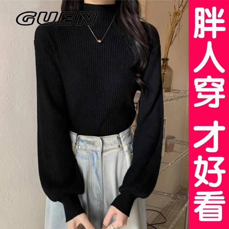 GUEN大尺码黑色打底衫女内搭秋季舒适穿着洋派半高领针织衫上衣