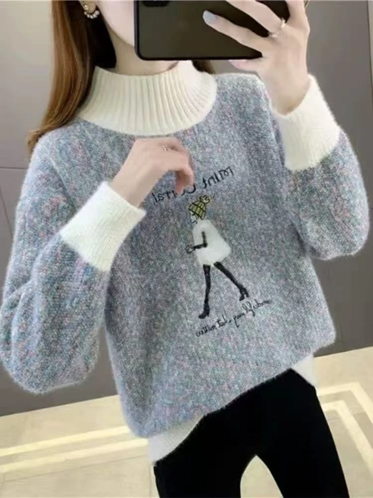 美女图案雪尼尔撞色拼接毛衣