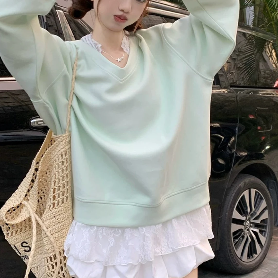 绿色蕾丝假两件卫衣上衣