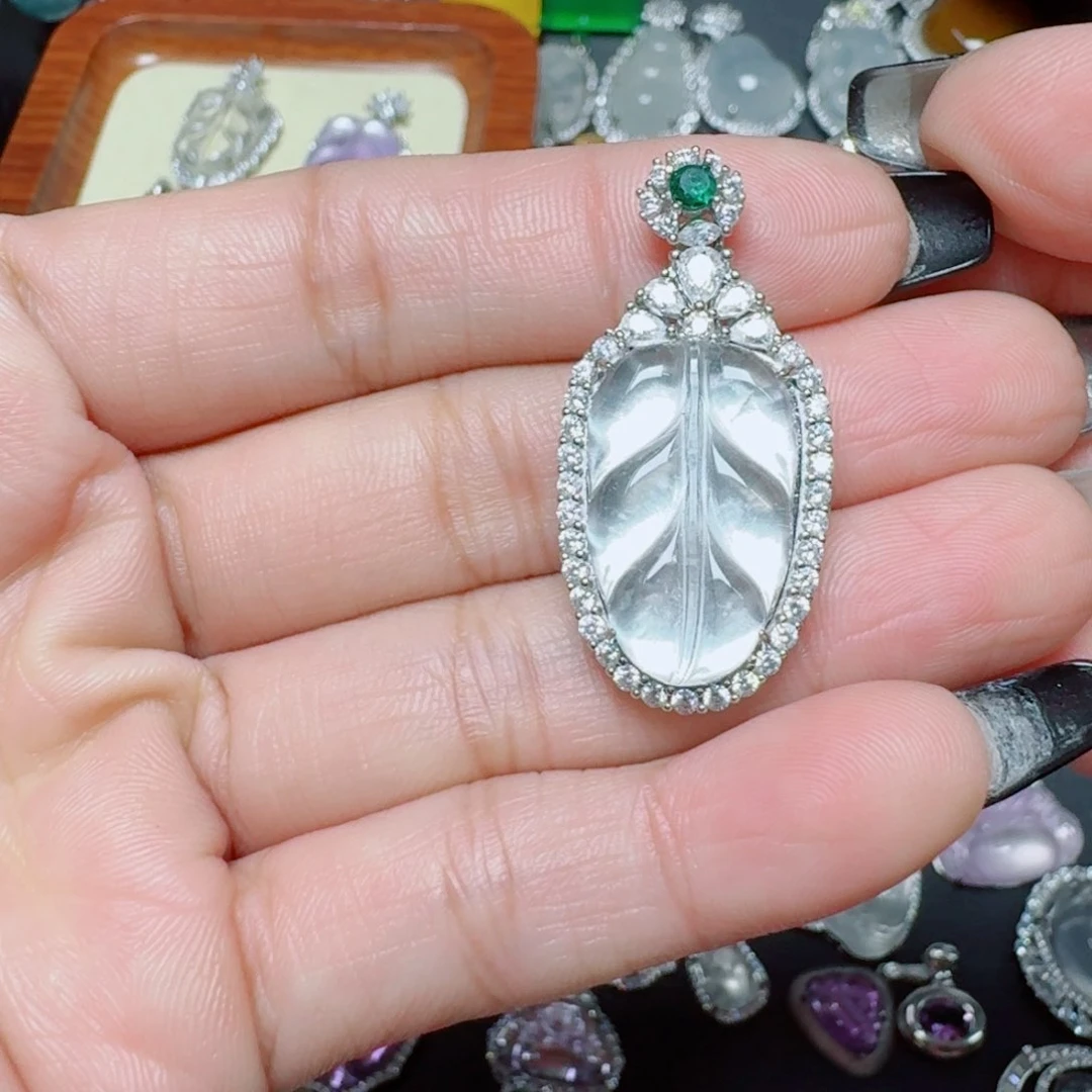 吊坠(不含链)银S925镶嵌石英质玉大叶