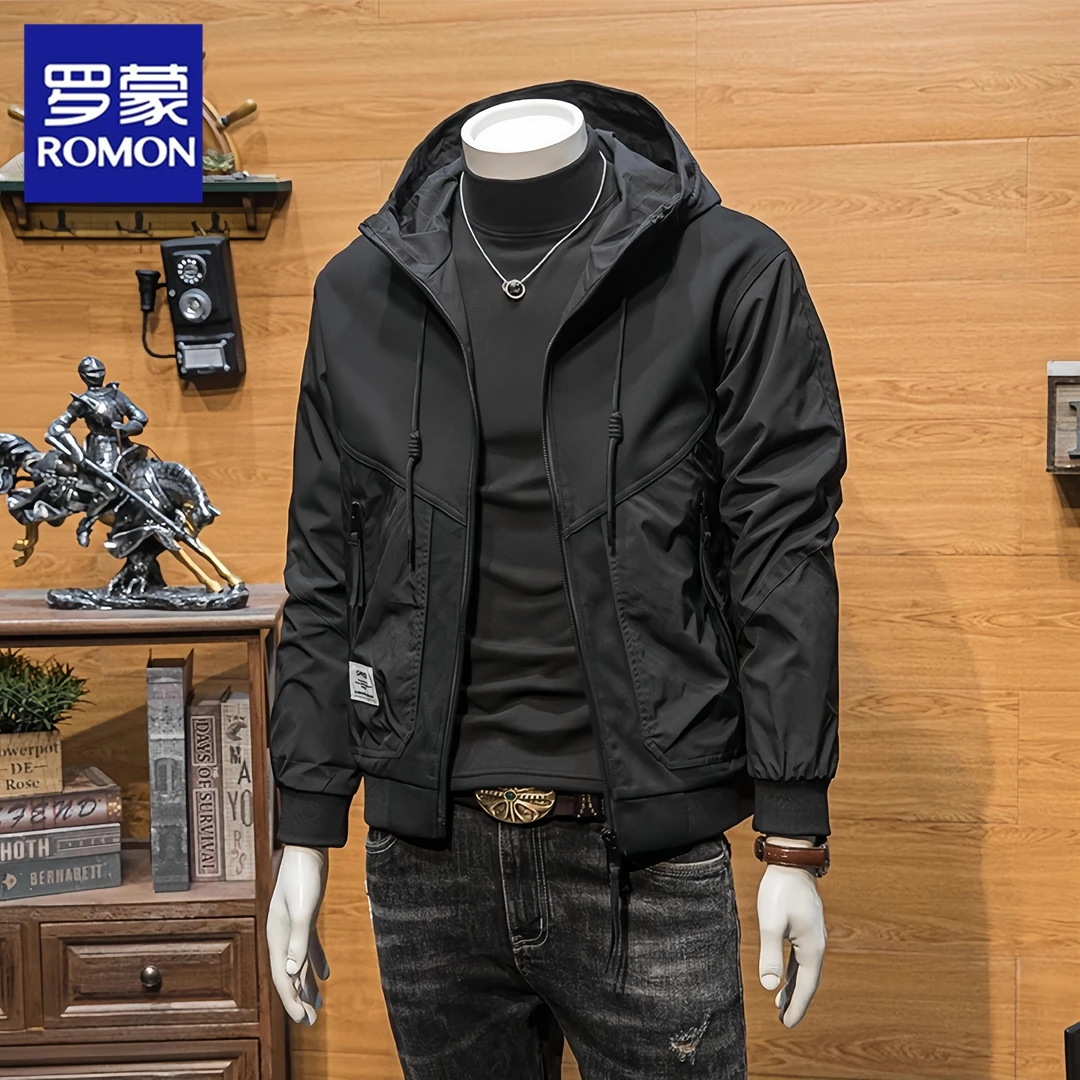 罗蒙男士连帽外套春秋季新款潮流休闲高级感拼接工装韩版百搭夹克