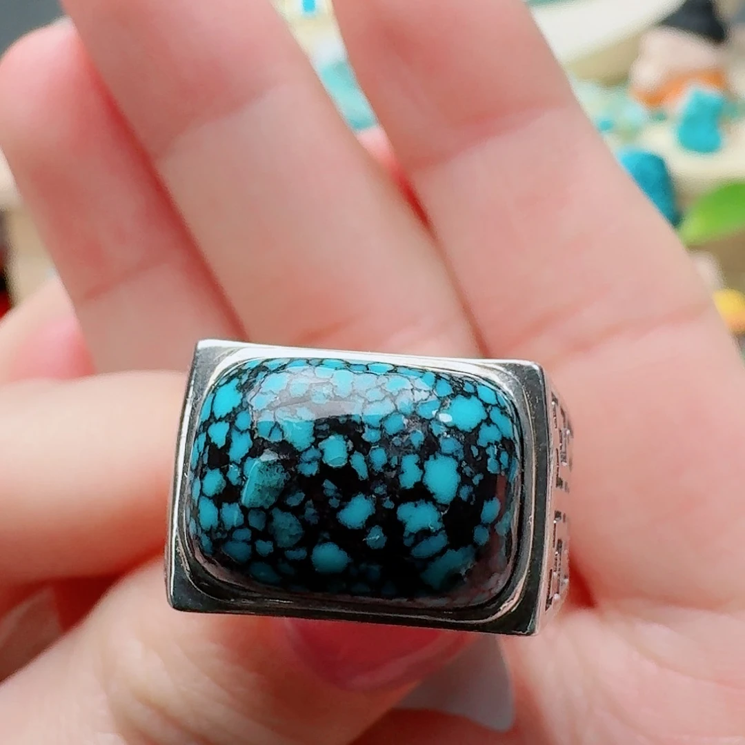 绿松石银S925镶嵌高瓷乌兰花马鞍戒