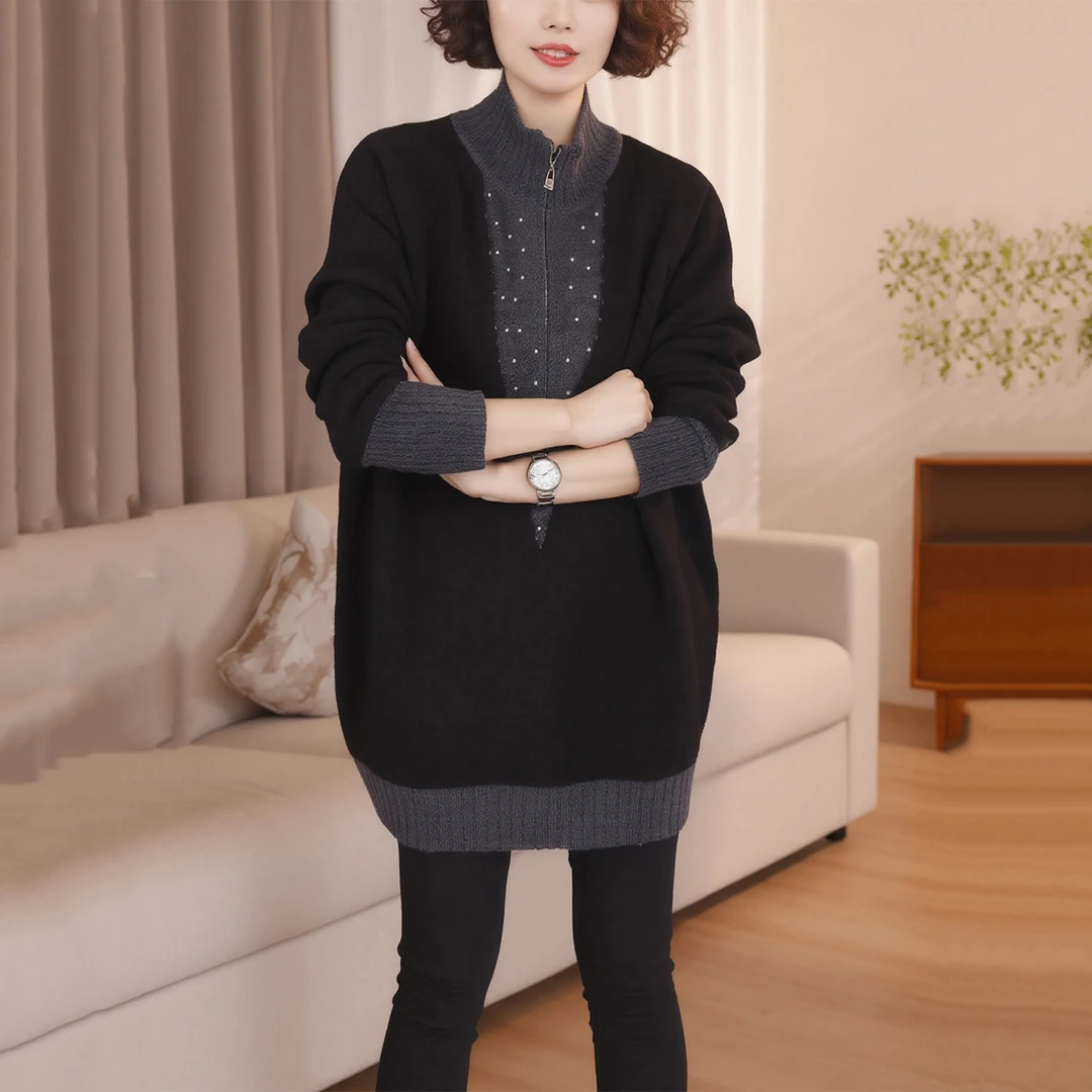 加厚保暖女士秋冬撞色针织衫洋气宽松大码上衣中长款包臀毛衣外穿