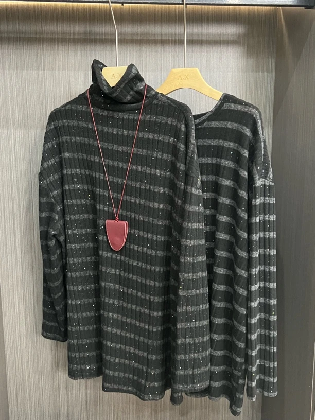 【雪姐严选】冬季新款条纹亮闪时尚百搭打底衫上衣