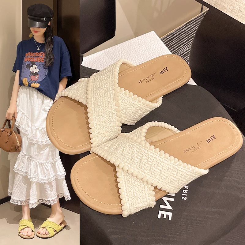 【严选】夏季平底休闲拖仙女风一字拖小香风珍珠拖鞋女外穿防滑外穿