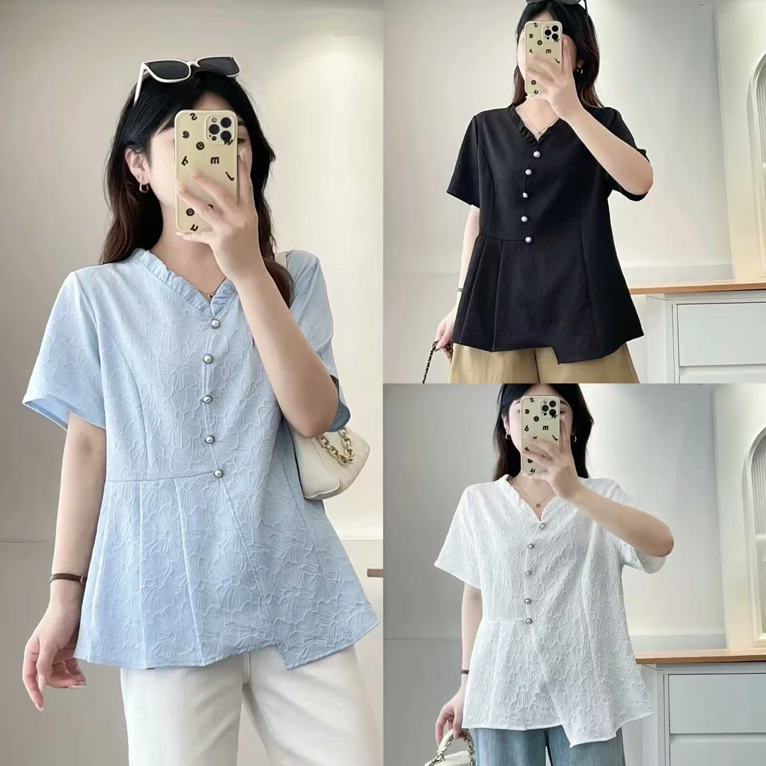 夏季纽扣单排多扣修身型大码泡泡袖衬衫衬衣上衣提花常规款宽松型