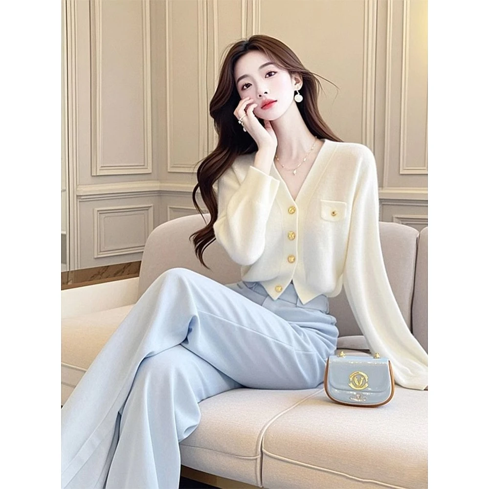 小香风时尚套装女2025年秋季新款长袖针织衫外套搭配西装裤两件套