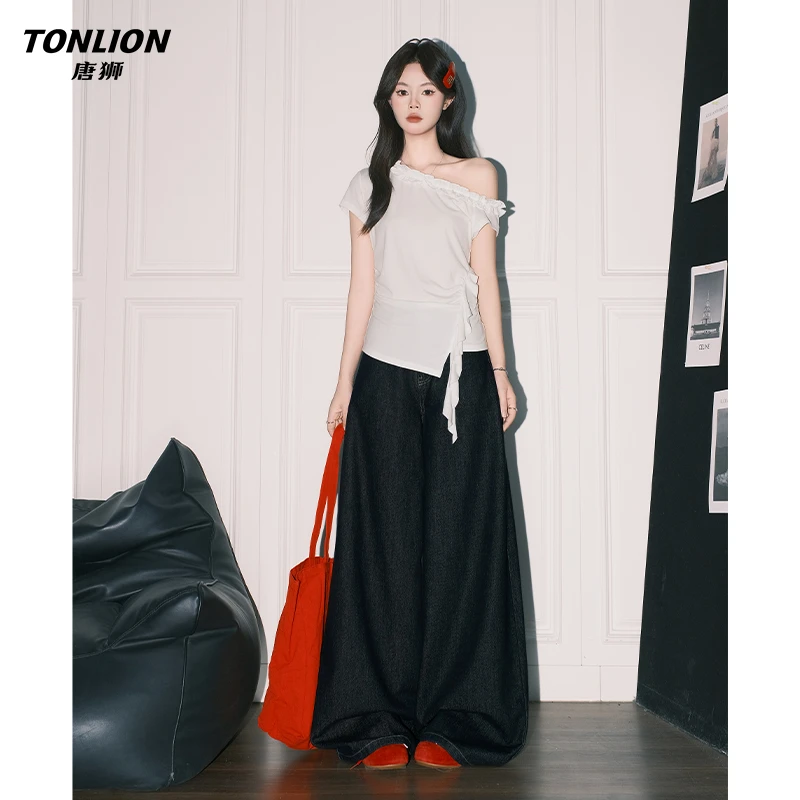 唐狮夏季复古深蓝宽松黑色阔腿牛仔裤女高腰梨形显瘦垂感直筒长裤
