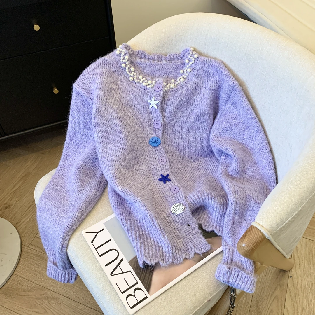 [珠光宝贝]温柔风针织开衫秋冬女装圆领长袖单排扣宽松时尚上衣