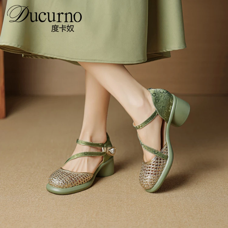 DUCURNO复古一字带中空单鞋女2025新款厚底粗跟镂空真皮包头凉鞋