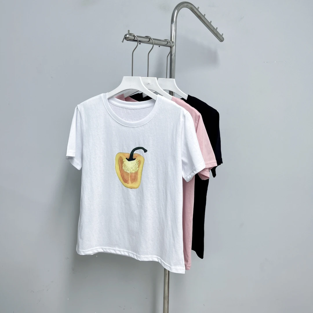 215女装T恤纯色夏季宽松百搭印花圆领休闲打底