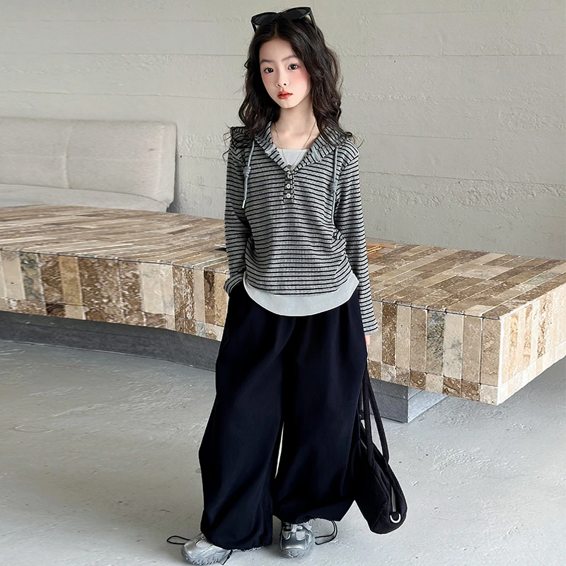 女童秋季连帽条纹卫衣套装2025新款韩版洋气中大童时髦潮酷休闲裤