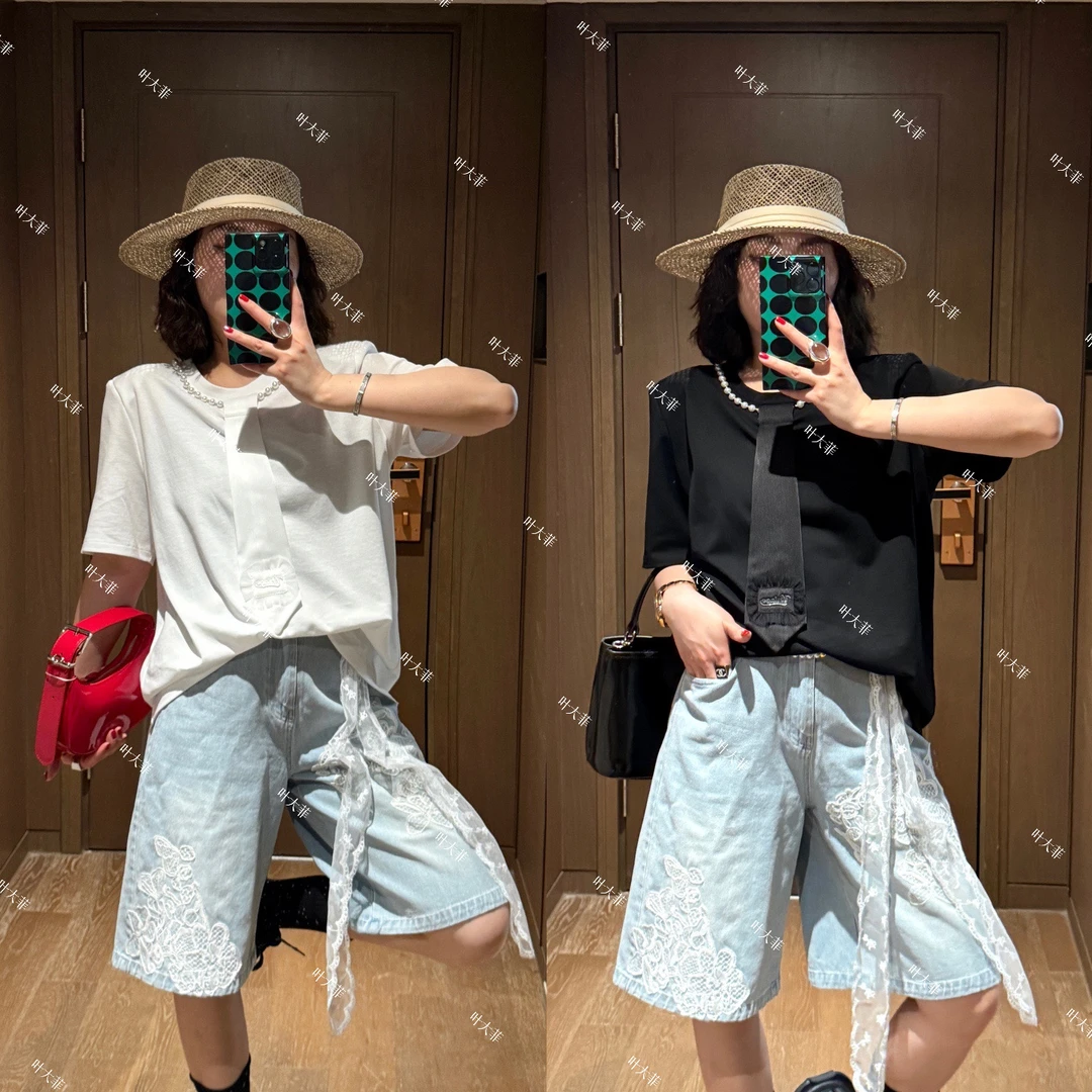 YDFSTUDIO小众【酷飒型格】欧货高品手工珠珠领带拼接设计时尚T恤