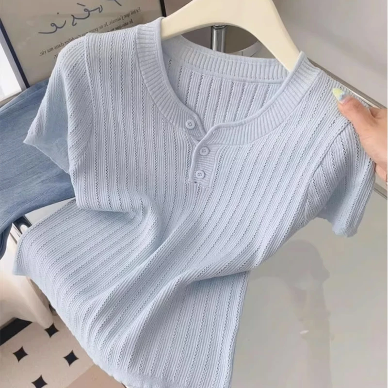 蓝色镂空冰爽丝针织短袖t恤女夏季2025薄款设计感正肩显瘦上衣