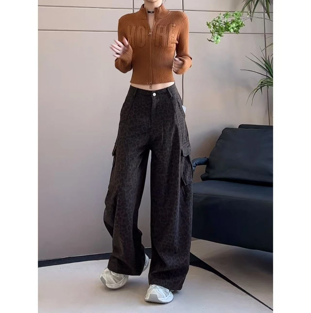 复古豹纹拖地工装裤女2025秋装新款女装休闲弯刀裤子潮-K3751