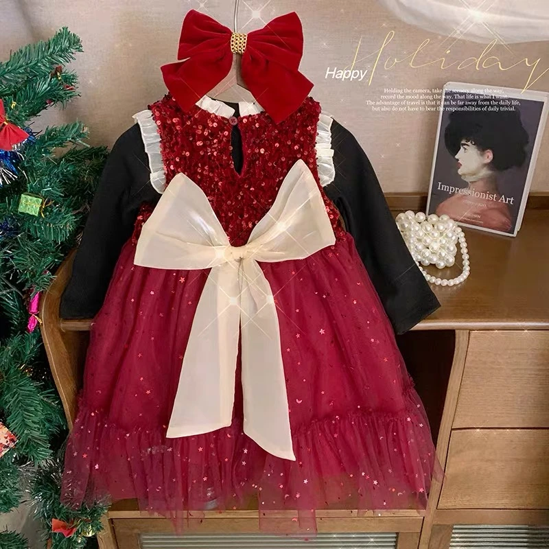 加绒连衣裙女童冬季公主裙宝宝新年装红色洋气 单品-红亮片C099