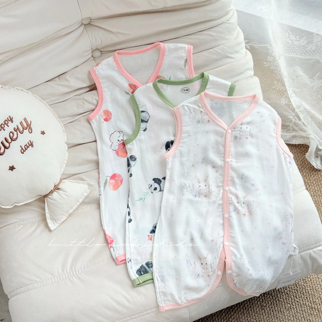 婴儿夏季睡袋薄款2025女宝宝竹棉无袖背心纱布睡袍宝宝防踢连体衣