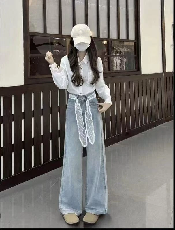 新中式阔腿牛仔裤女2025夏季薄款小个子显瘦设计感直筒拖地裤ins