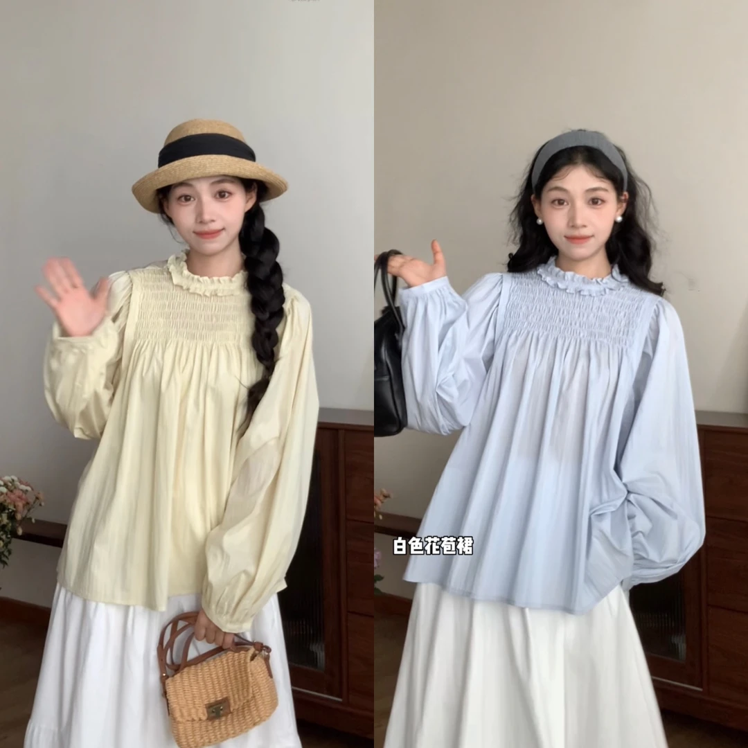 2196 “慕斯蛋糕”2色～法式重工打揽木耳立领衬衫