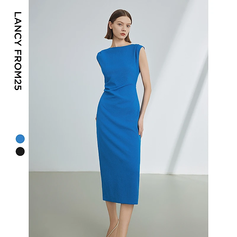 朗姿法式一字肩收腰抽褶设计感气质长裙夏装新款女礼服欧若风