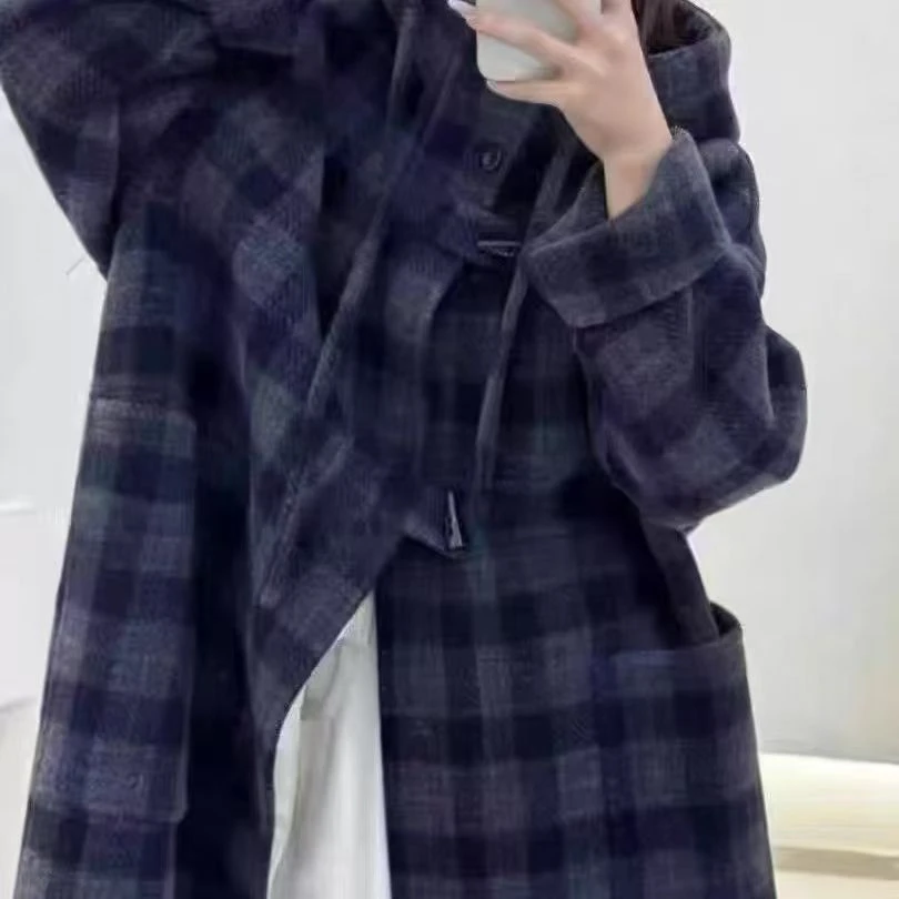 秋冬新款连帽格子双面大衣女中长款宽松显瘦气质百搭