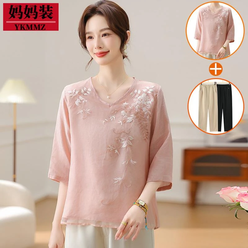 中年妈妈春装洋气时尚小衫2025新款中袖上衣中老年女夏装时尚套装