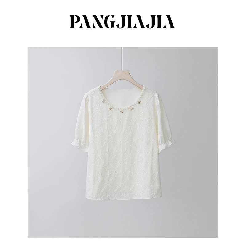 【胖佳佳】乌托邦 短袖T恤女时尚重工钉珠蕾丝提花上衣H624Z08136