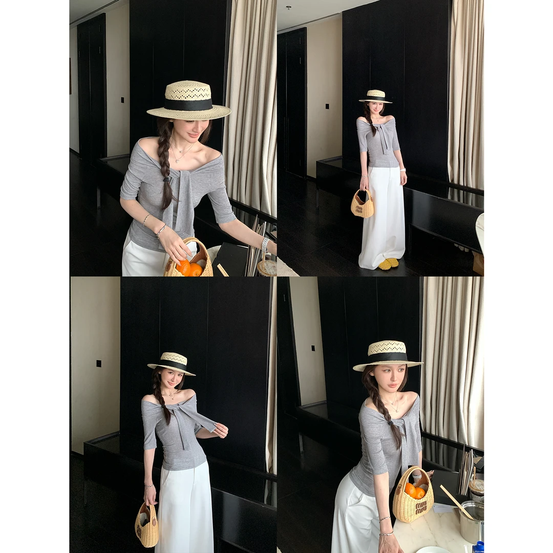 SKKStore 淡颜氧气 天丝婴儿肌裸感羊毛一字肩T恤假两件上衣