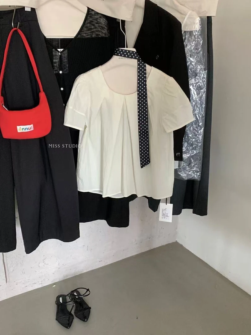 密思@33182 韩系简约百搭后领抽褶系带小衫 7-1