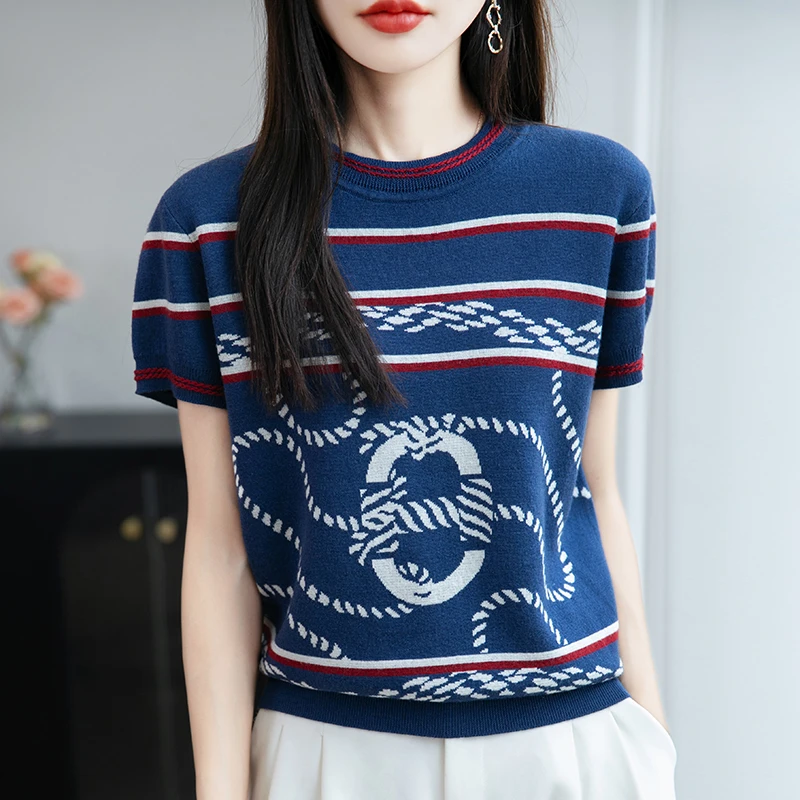 哥弟阿玛施正品莱赛尔夏季新款针织短袖女薄款提花休闲设计感T恤