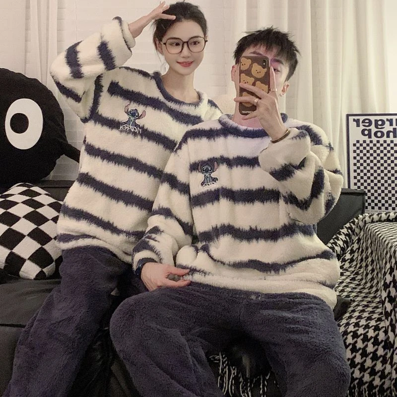 情侣睡衣女士秋冬季加厚加绒保暖珊瑚绒长袖法兰绒男士家居服套装
