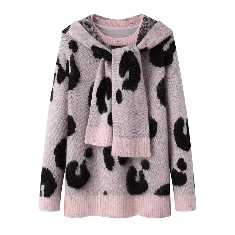 小众设计感新款可拆卸连帽豹纹提花羊毛混纺针织衫毛衣女