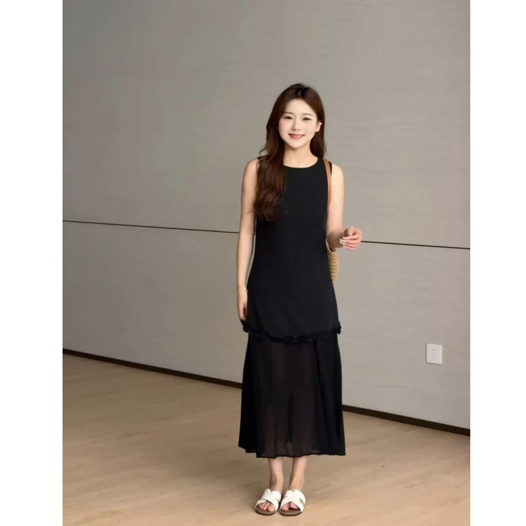 小个子韩系气质高级圆领无袖显瘦显高背心法式拼接花边连衣裙