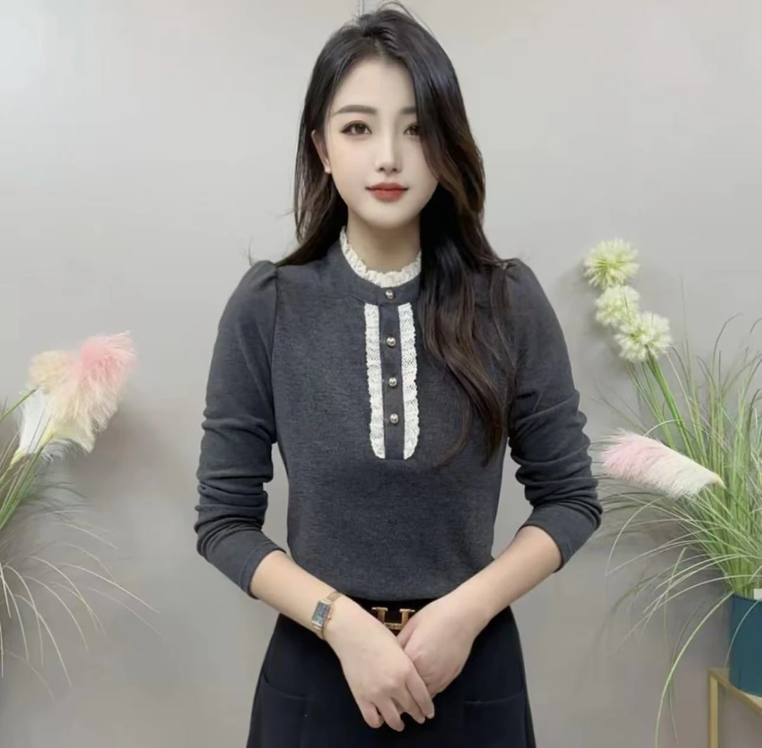 【冬季新款】YBB2569冬季上新纯色小花边领款气质百搭衬衫