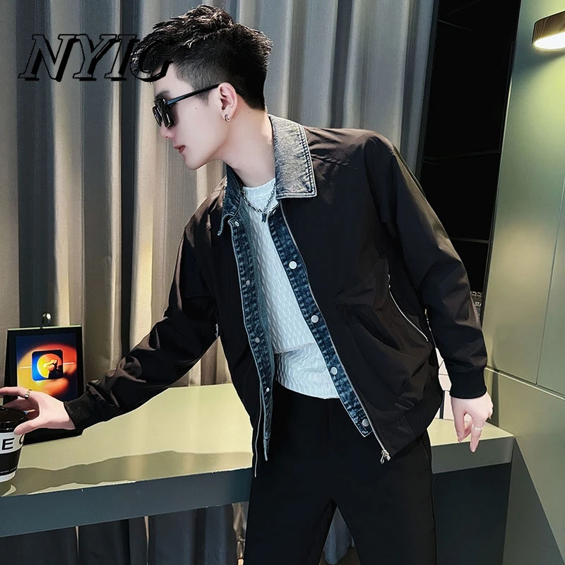 NYIG痞帅炸街外套男士牛仔拼接假两件夹克2025年新款春款韩版男装