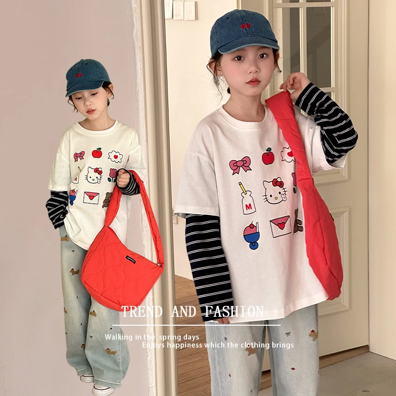 美式涂鸦童装动漫可爱女生长袖圆领拼接条纹套头T恤打底衫