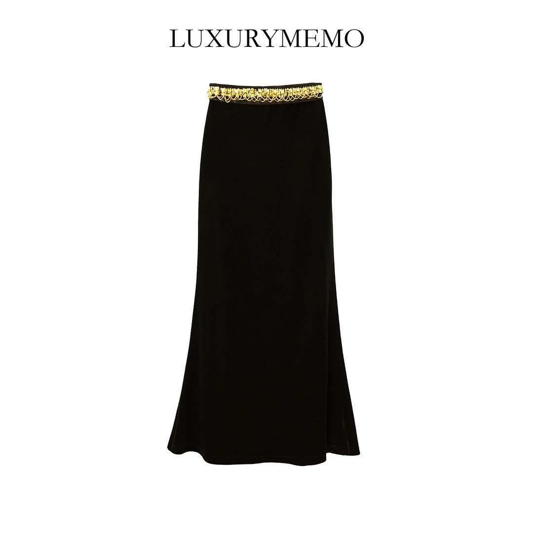 LUXURYMEMO【刘熊熊】新款气质时尚腰部钉珠醋酸半身鱼尾裙