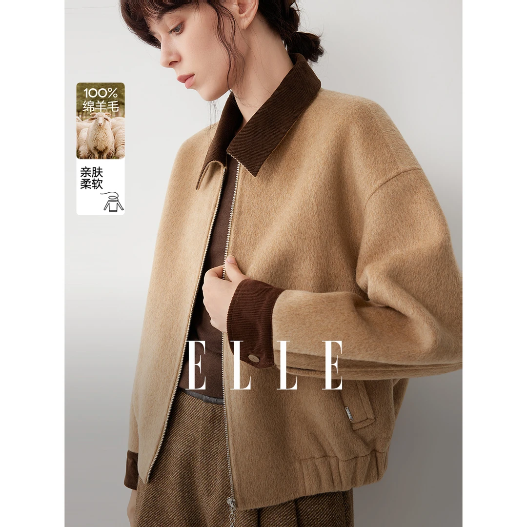【100%绵羊毛】ELLE女装毛呢夹克外套25冬新款双面呢大衣EN52460