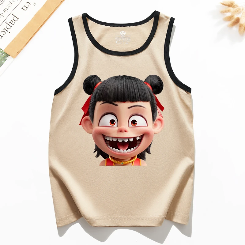 开心哪吒纯棉小背心男童女童儿童薄款中小大童无袖2025夏天国潮