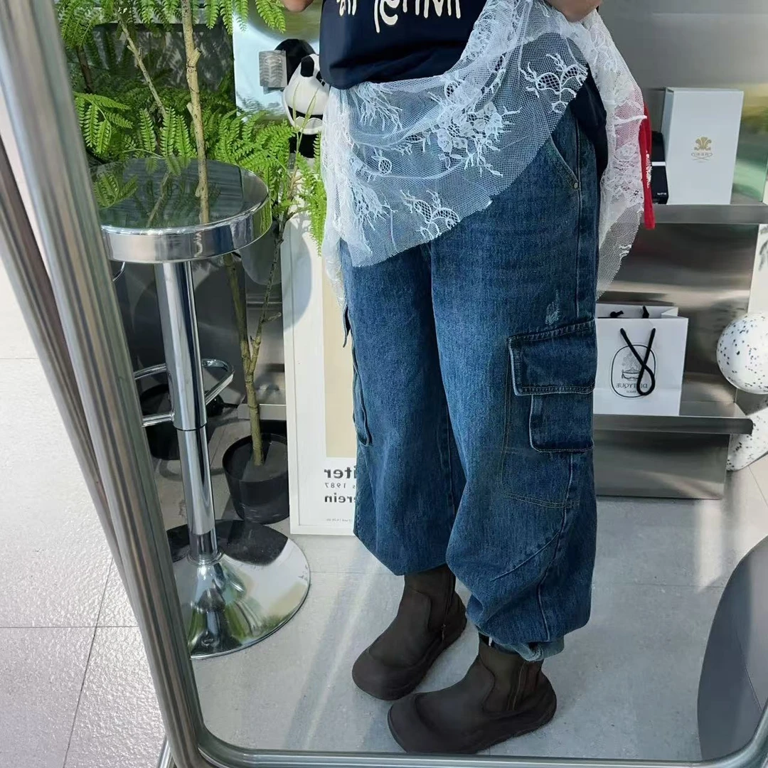 SISTERS【春工装牛仔】工装蓝牛仔下可抽绳牛仔裤【裤长102CM】