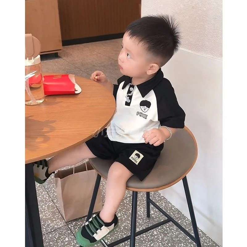 男童夏季短袖POLO领套装新款中小童宝宝卡通休闲纯棉短裤两件套潮