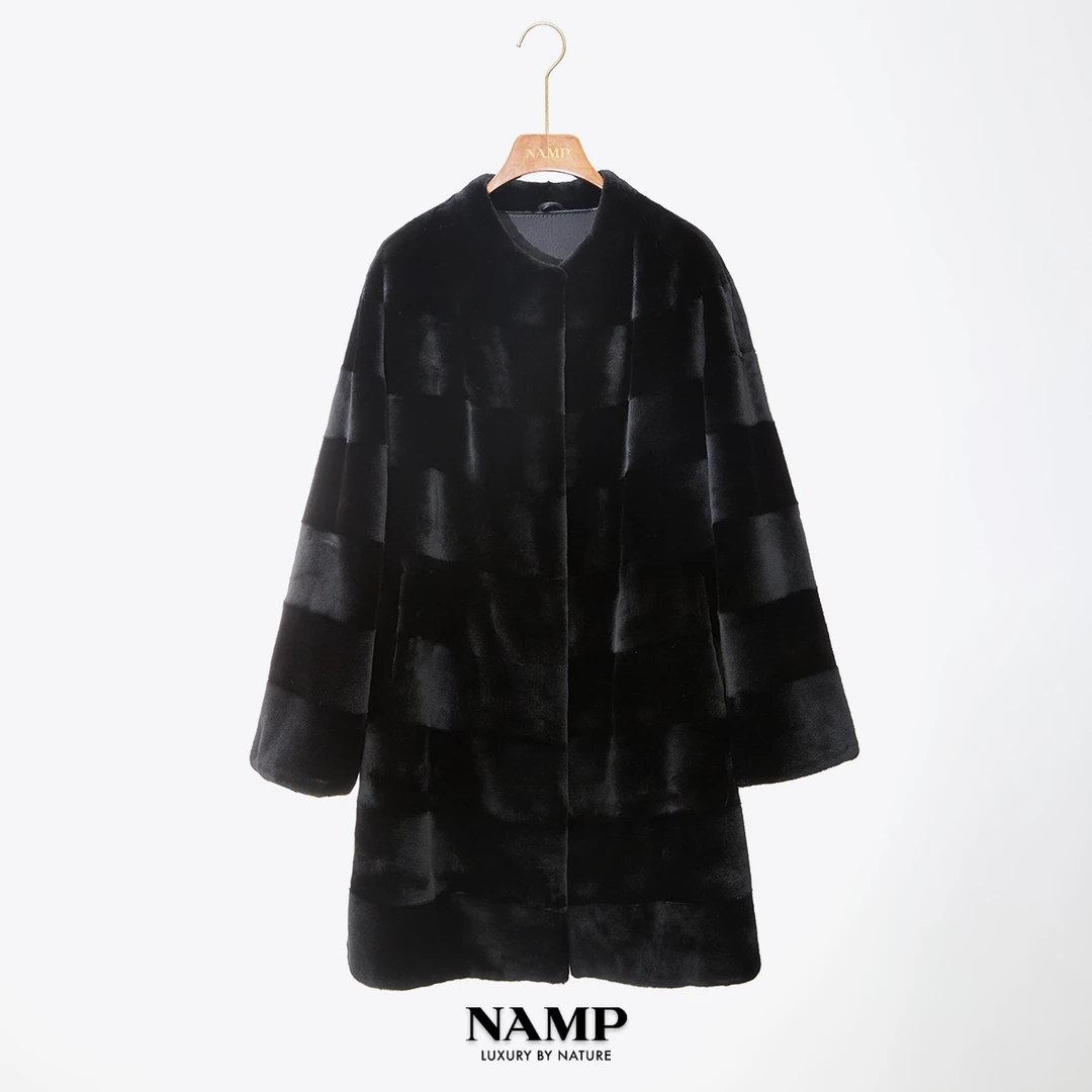NAMP圆领高奢长袖时尚休闲长款ZHL3509 天鹅绒貂绒皮草外套女